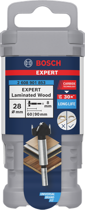 Broca para cortar bisagras Bosch EXPERT para madera laminada de 28 mm.